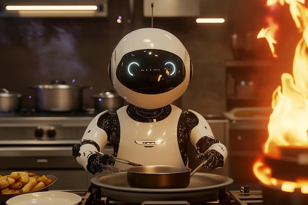 Photo a robot is standing in front of a table full of vegetables ai photo