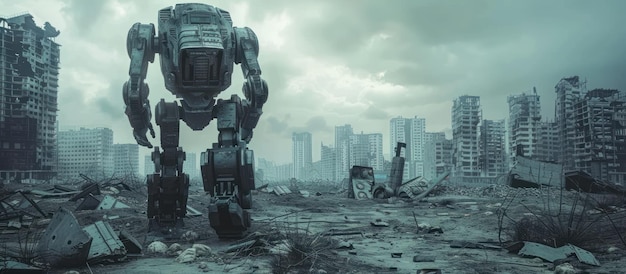 Photo a robot is standing in the middle of a city with a lot of destruction the robot is looking at the camera