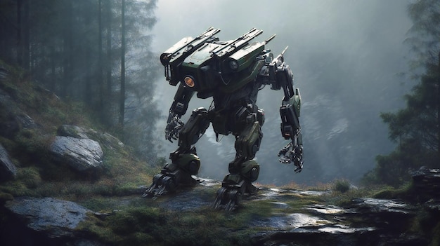 A robot is standing in the middle of a dark valley