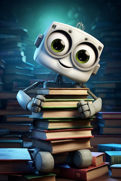 Photo a robot is standing on a stack of books