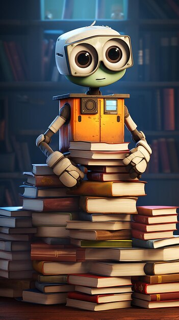 Photo a robot is standing on a stack of books