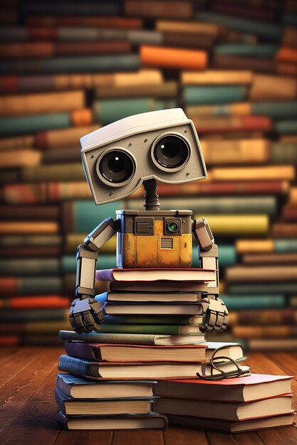 Photo a robot is standing on a stack of books