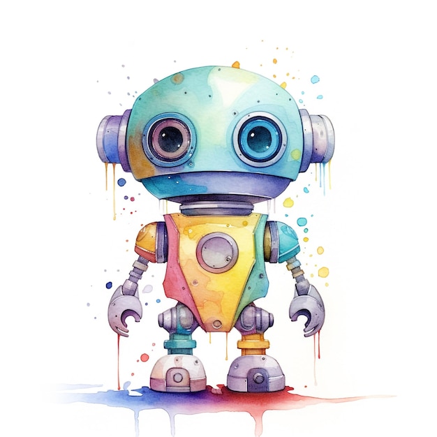 A robot is standing in a watercolor style painting.