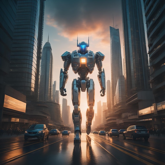 A robot is on the street with cars and buildings in the background.