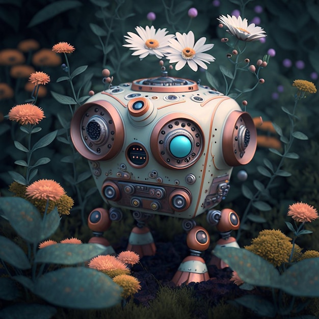 A robot is surrounded by flowers and a flower.