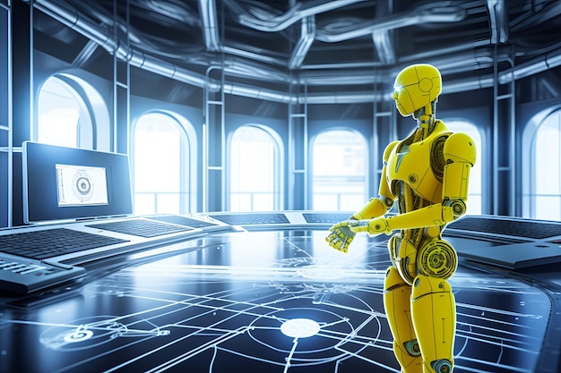 A robot is walking in an empty room with windows and a light blue background.