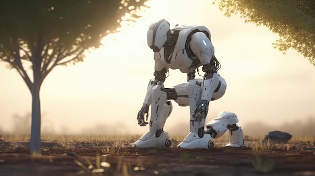 A robot is walking on the ground in front of a tree.