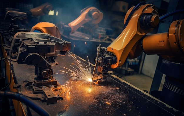 A robot is welding a piece of metal with a torch.