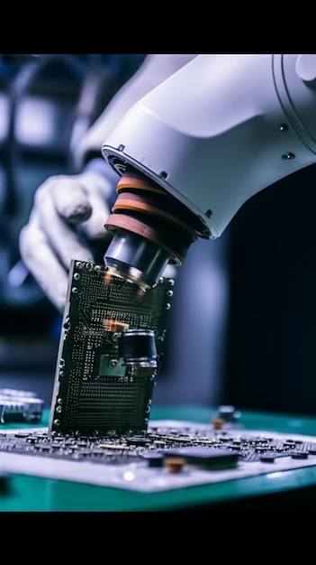 A robot is working on a computer with a microchip.