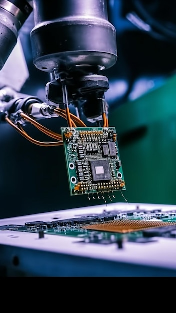 A robot is working on a computer with a piece of circuit board.