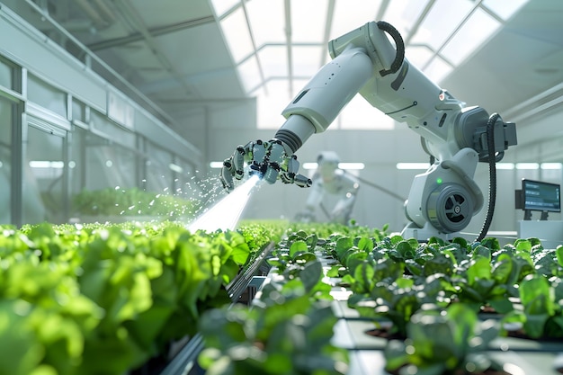 a robot is working in a greenhouse with plants and a large window