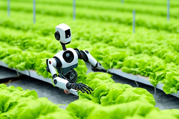 Photo a robot is working on a lettuce farm