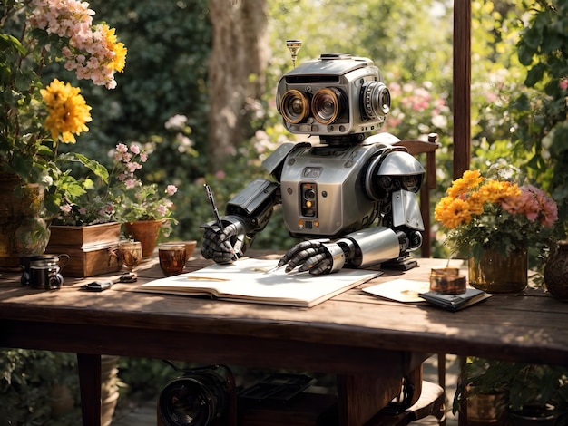 A robot is writing something on a paper in his room decorated with colorful flowers