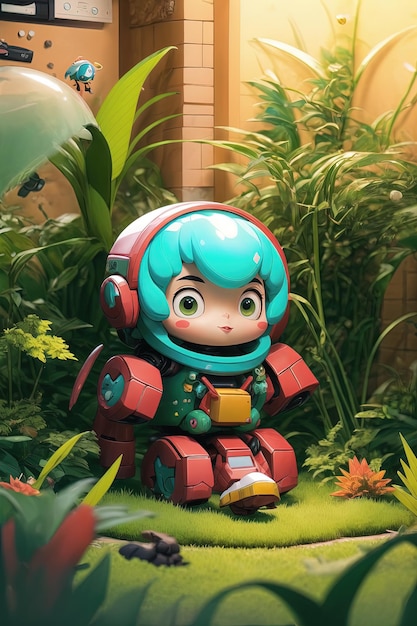 a robot in the jungle with a box on his head.