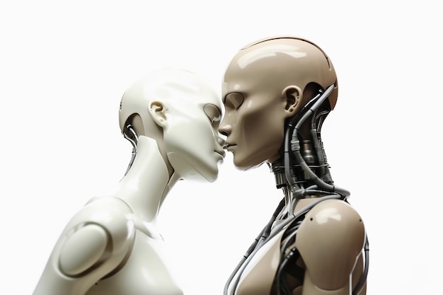 A robot kissing a man with a white background.