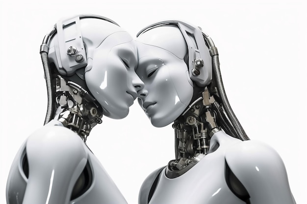 A robot kissing a woman with her head tilted to the side.