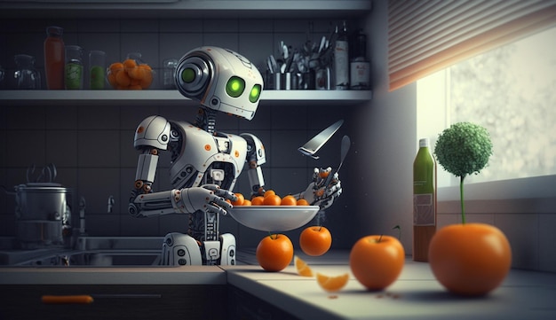 A robot in the kitchen makes fruit juice Generative AI