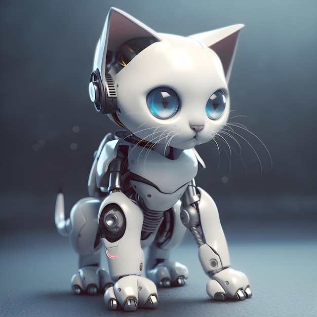 A robot kitten machine character Electronic interactive toy robot cat isolated on a grey background High technology concept pet of the future electronic home Generative AI