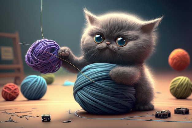 Robot kitten playing with ball of yarn its claws flying