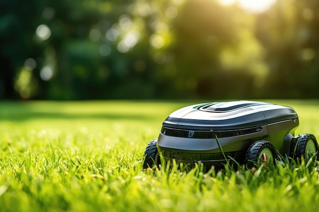 Robot lawn mower on green grass in village garden Generative Ai