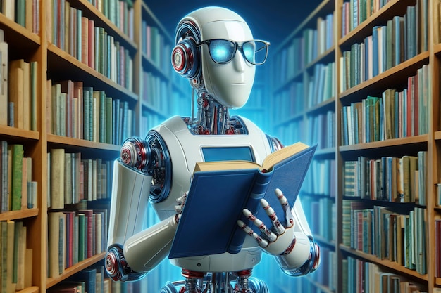 The robot librarian at work reads a book and searches for the necessary information in the library