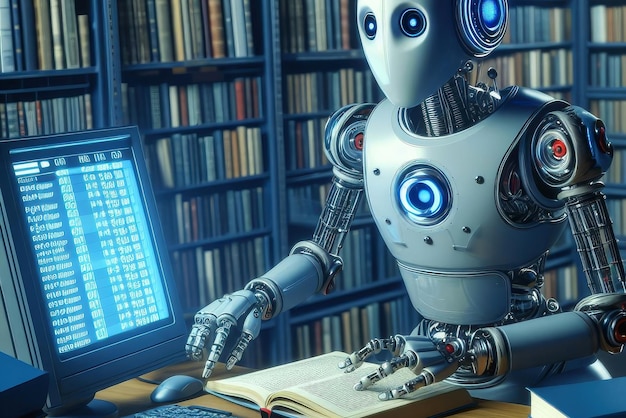 The robot librarian at work reads a book and searches for the necessary information in the library