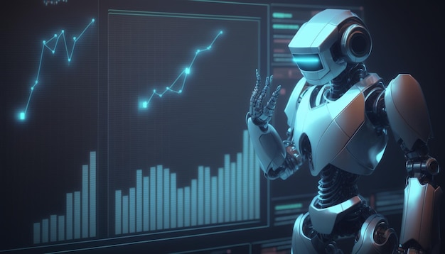 A robot looking at a graph with the words'robot'on it