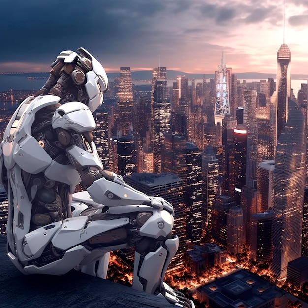 A robot looking out over a city at night