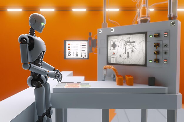 A robot looks at a computer screen that says robot on it.