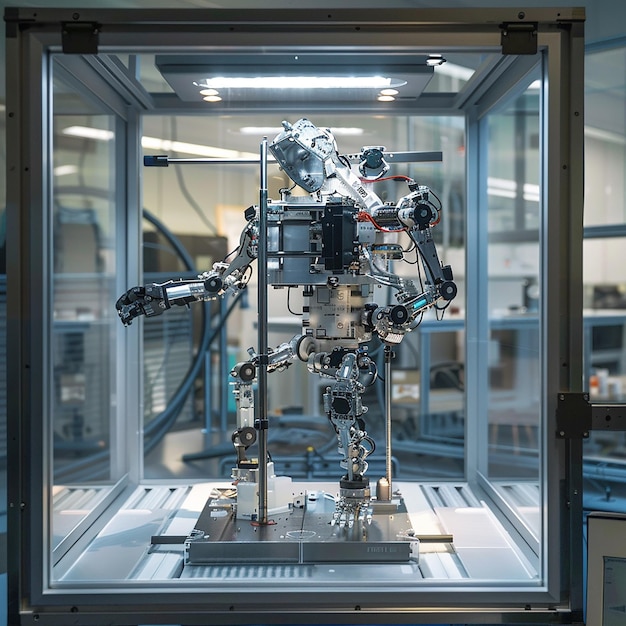 a robot made of legos sits in a glass case