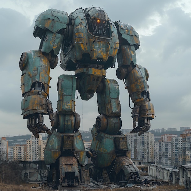 a robot made of metal and metal sits in a city