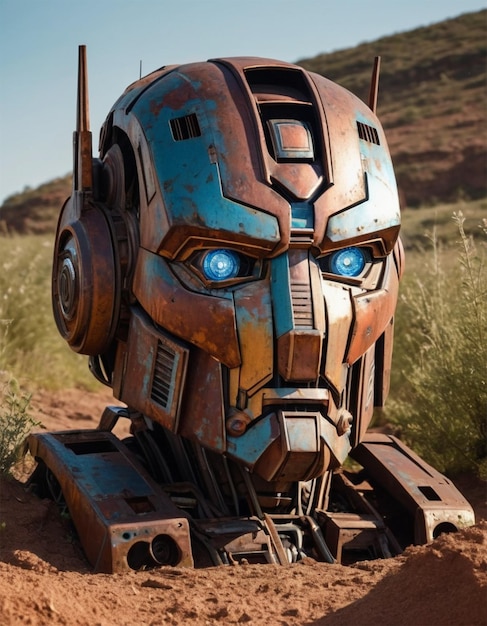 a robot made out of metal and has a blue eye