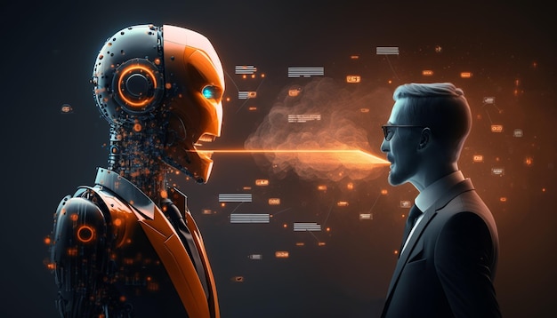 A robot and a man face to face with the word robot on the left.