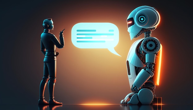 A robot and a man talking to each other.