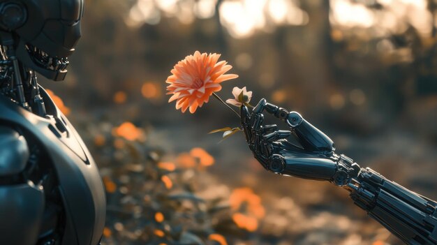 Photo a robot offering a flower the dawn of artificial sentience