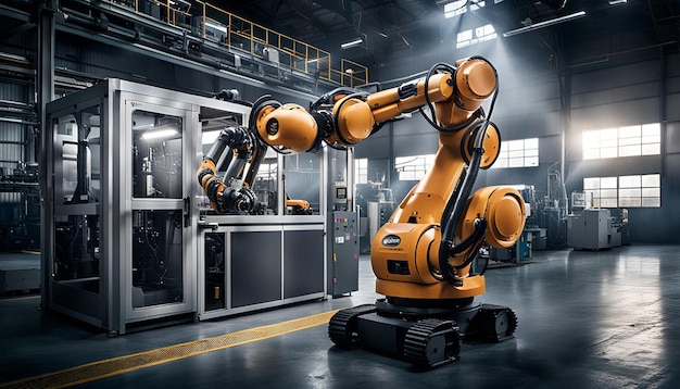 A robot operating a machine in a factory