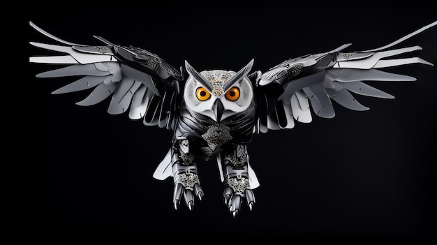 A robot owl with a skull on its wings is shown