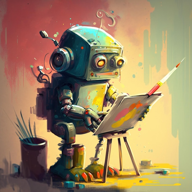 Robot painting on the paper. artwork, cyber art, robot working.