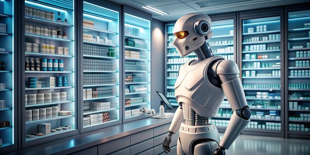 Photo robot pharmacist dispenses medicine in the pharmacy of the futureai generated