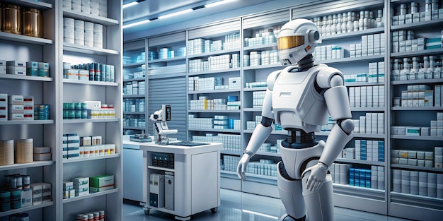 Photo robot pharmacist dispenses medicine in the pharmacy of the futureai generated