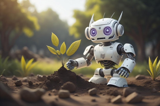 A robot plant a tree in the soil