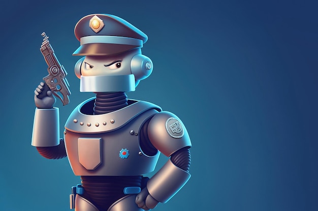 Robot policeman standing with a gun over blue background with co