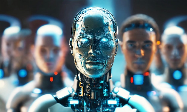 Robot portrait and cyborg army illustrating the change of human society