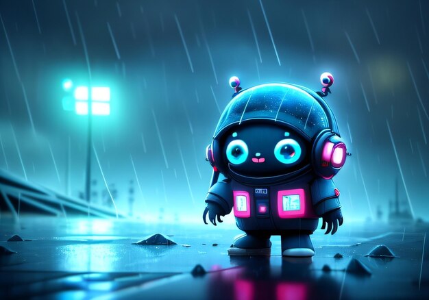 A robot in the rain with a pink face.