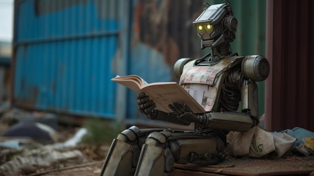 Robot reading a book in a junkyard