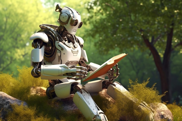 Robot reading a book in nature Generative AI