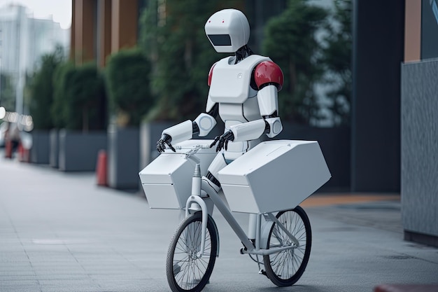 Robot riding a bicycle with a box in his hands 3d rendering An AI robot delivery man with a bicycle delivering food AI Generated