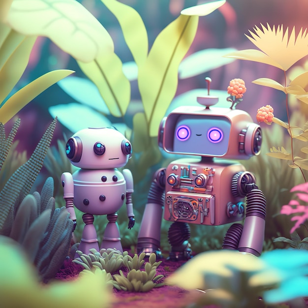 A robot and a robot are standing in a forest.