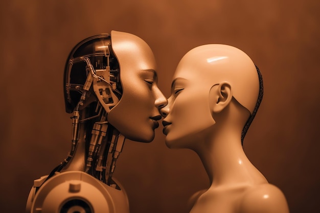 A robot and a robot kissing each other