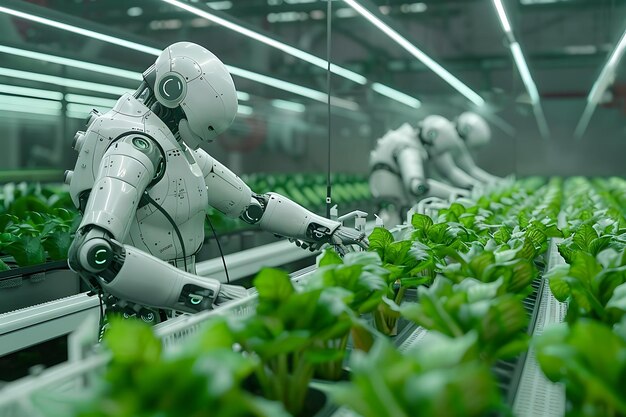 robot robots are lined up in a factory with plants